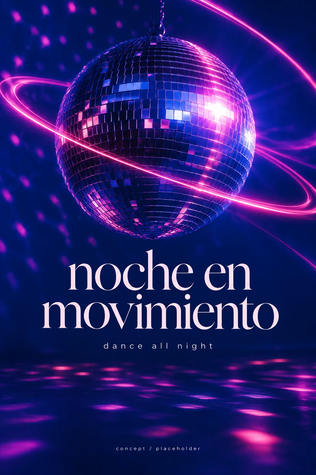 Fictional placeholder poster titled Noche en movimiento featuring a disco ball