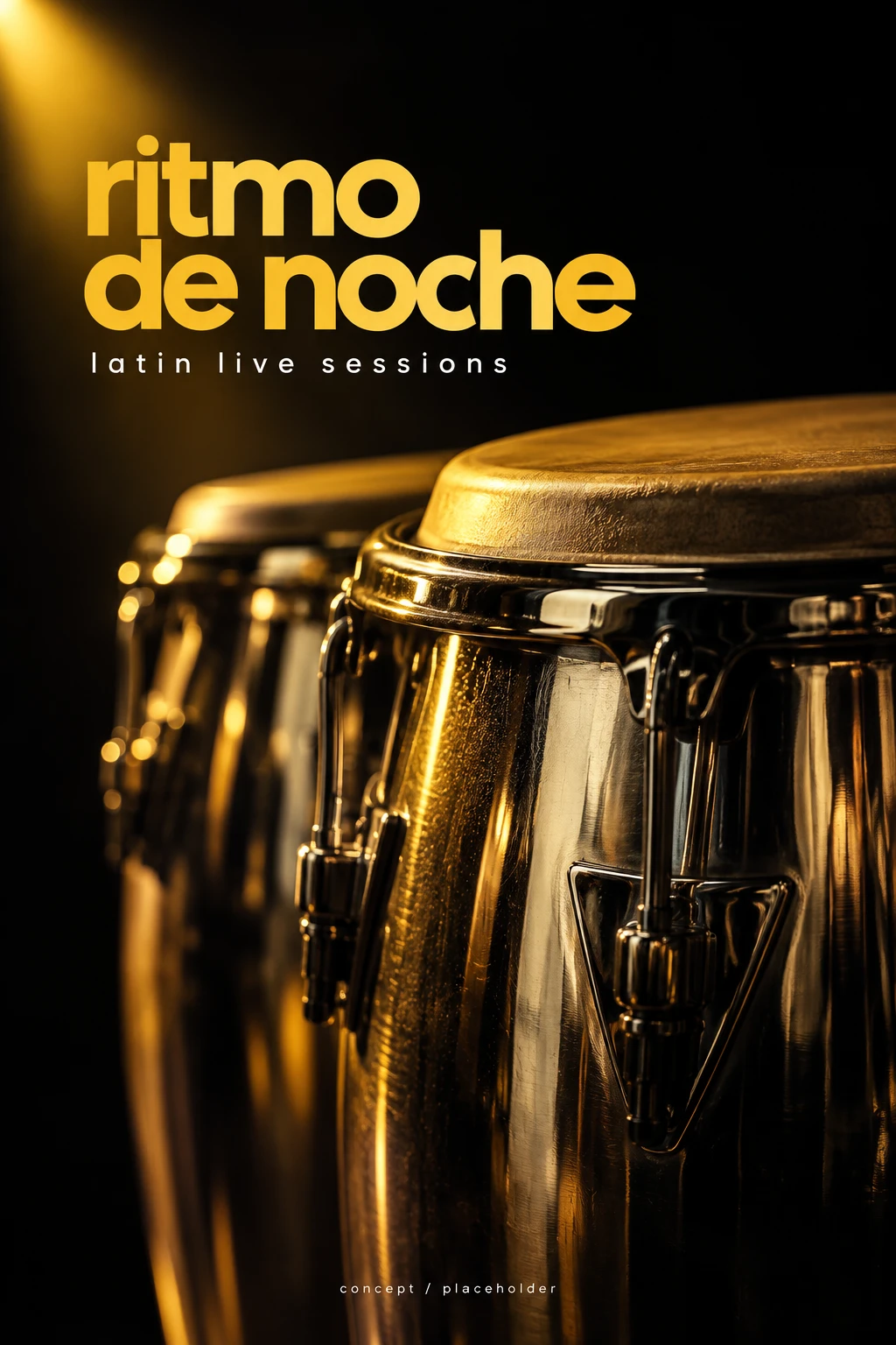 Fictional placeholder poster titled Ritmo de noche featuring chrome conga drums