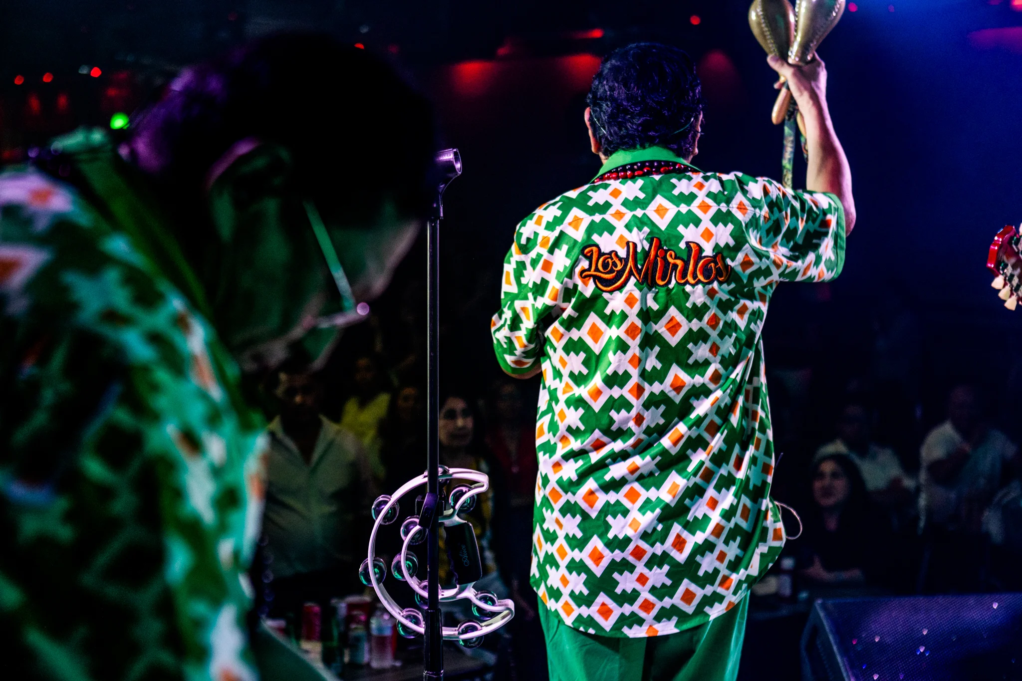 Performer viewed from behind while addressing a live audience